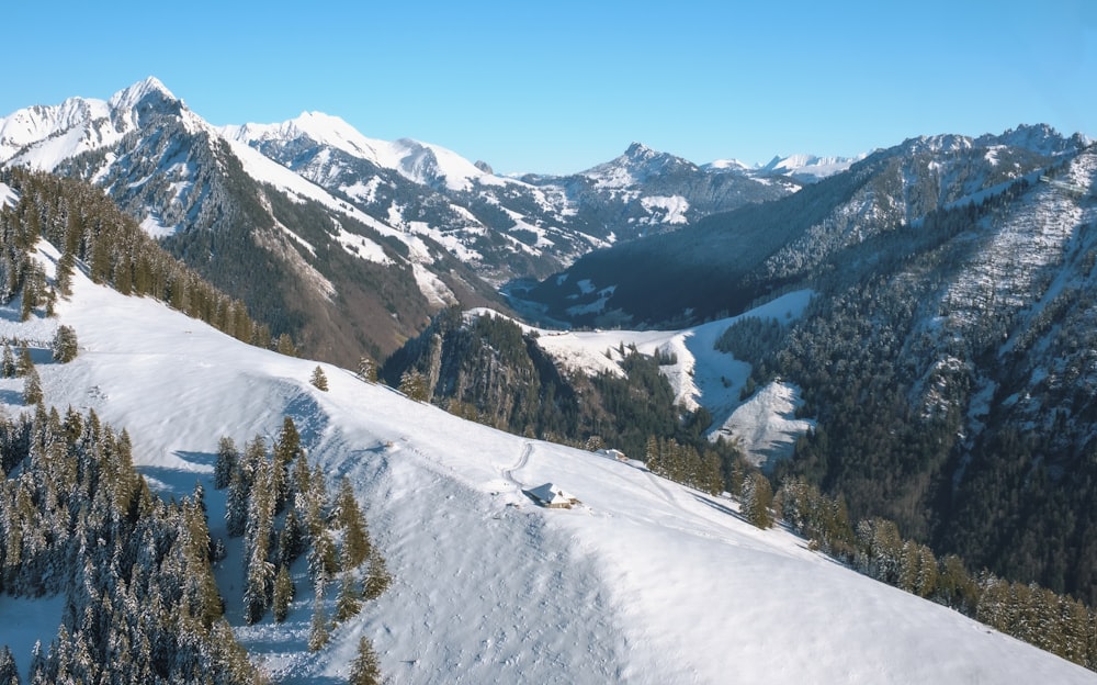 a view of a snowy mountain range from a high point of view