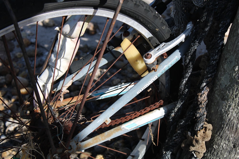 壊れた自転車の車輪が地面に落ちている