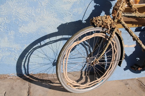 A bicycle with its frame and wheels wrapped in ropes and seashells, casting a shadow on a textured blue wall. It appears weathered and artistic, with intricate details on the ropework and natural elements like barnacles attached. The tires and metal parts are still visible underneath the decorative material.