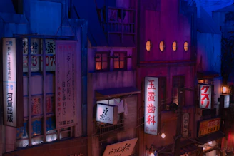 A neon-lit Tokyo street blending cyberpunk vibes with minimalist Japanese library aesthetics.