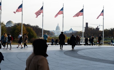 A group of people walking and standing near a paved area adorned with American flags on tall flagpoles. The background features an iconic white dome building, presumably a government structure, with a park-like setting and trees showcasing autumn colors. There are also several other buildings and construction cranes visible in the distance.