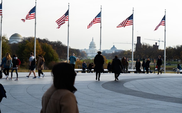 A group of people walking and standing near a paved area adorned with American flags on tall flagpoles. The background features an iconic white dome building, presumably a government structure, with a park-like setting and trees showcasing autumn colors. There are also several other buildings and construction cranes visible in the distance.
