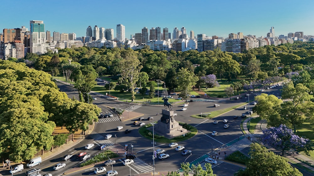 an aerial view of a city with tall buildings