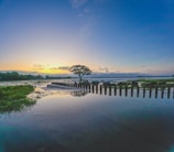 A tranquil scene of a river landscape at dusk with calm waters reflecting the vibrant colors of the sky. A solitary tree stands beside a series of evenly spaced wooden pillars extending into the water, creating a peaceful and harmonious composition.