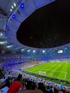 A vibrant stadium filled with cheering fans watching a live football match under bright floodlights.