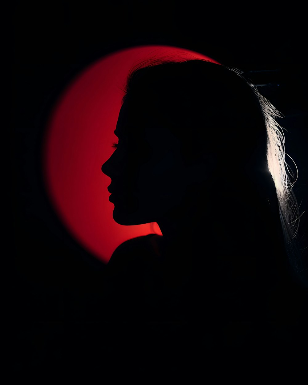 a silhouette of a woman in front of a red moon