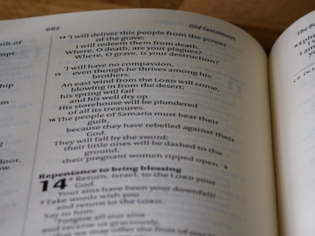 An open book displaying a page from the Old Testament. The text is printed in a serif typeface, with numbered verses and headings distinguishably styled. The page number 682 is visible at the top, and the book is resting on a wooden surface.