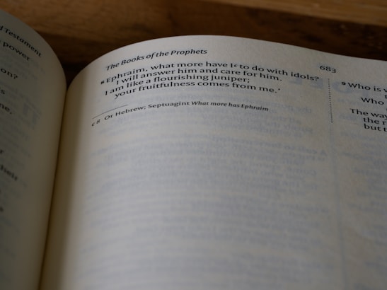 An open page from a book titled 'The Books of the Prophets' is shown with text written in English. The page number is 683, and there are references to Ephraim, idols, and a juniper. The text is printed in a clear, serif font, and there are annotations or notes at the bottom of the page.
