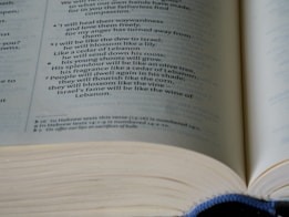 A close-up of an open book with text focused on a passage discussing themes of renewal and growth, using metaphors like dew, lily, cedar, and vine.