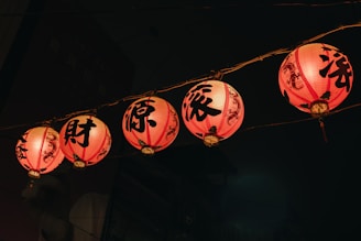 a string of red lanterns with chinese characters on them