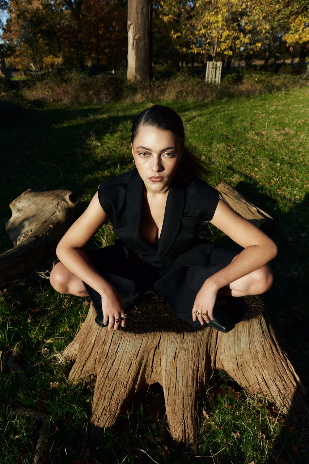 a woman sitting on top of a tree stump