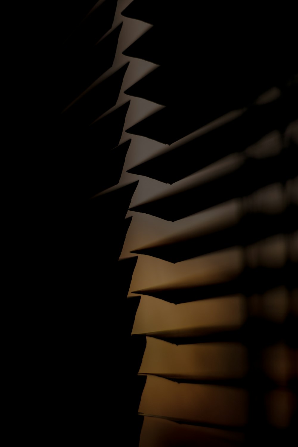 a close up of a window with blinds in the dark