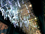 A ceiling installation with numerous white paper strips hanging down, illuminated by lights. The strips have text on them and are part of an artistic display. The arrangement includes delicate fairy lights entwined in a net-like structure.