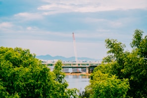 Aerial view of a modern bridge under construction over a river.