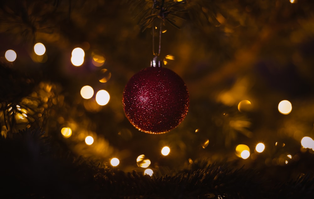 a red ornament hanging from a christmas tree