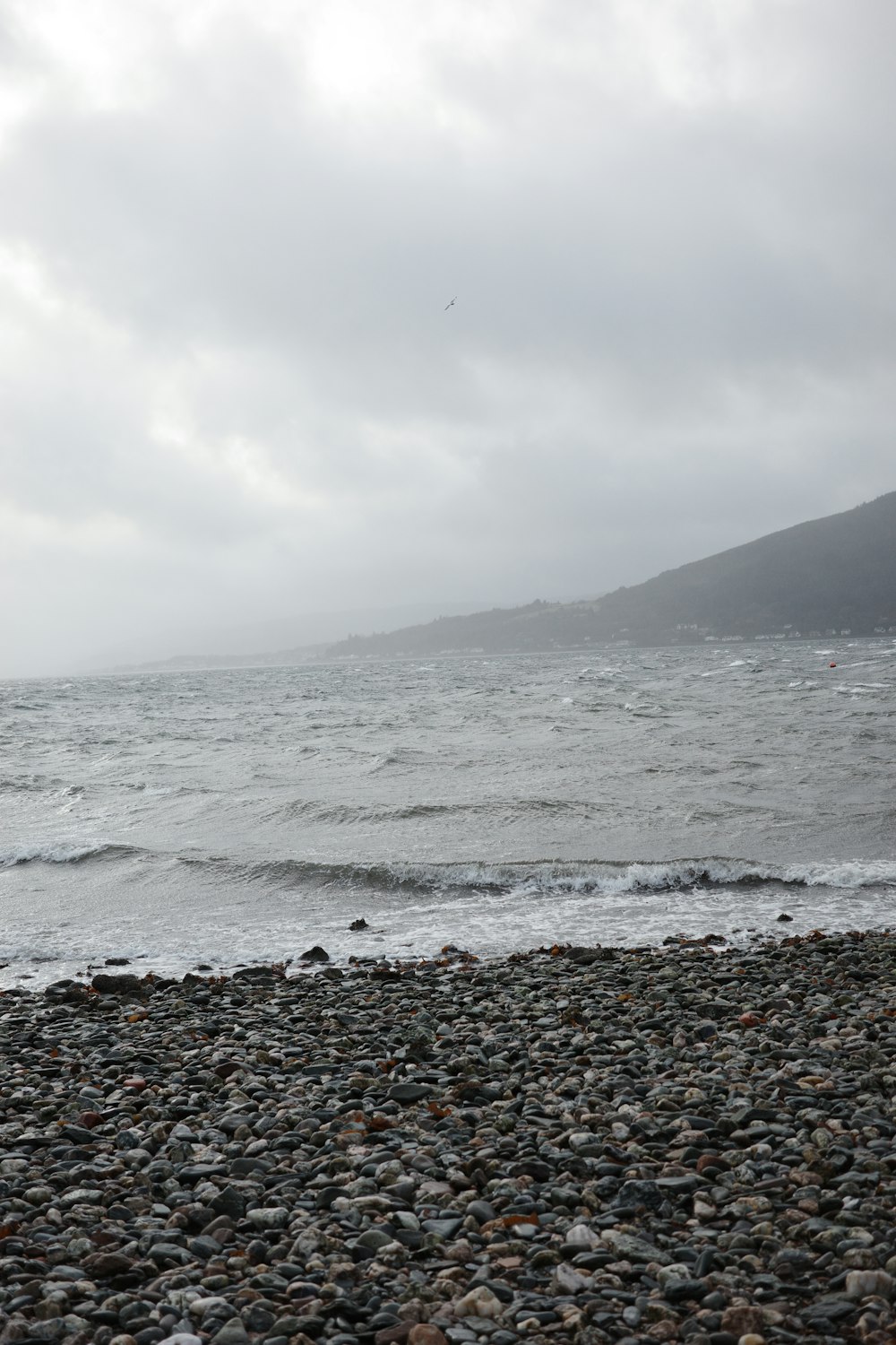 a rocky beach next to the ocean under a cloudy sky