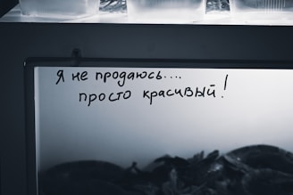 The image shows a handwritten message in Russian on a glass surface, stating 'Я не продаюсь... просто красивый!', which translates to 'I am not for sale... just beautiful!'. Below the message are blurred shapes, which seem to be objects vaguely resembling leaves or shells. Above the glass surface, there are several plastic containers visible.