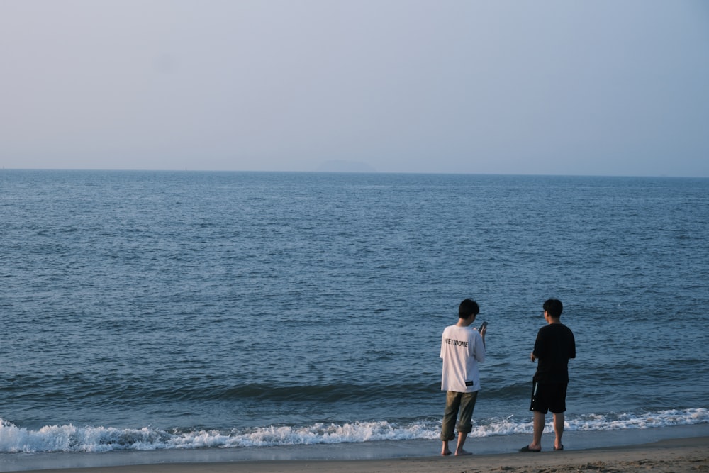 a couple of people standing on a beach next to the ocean