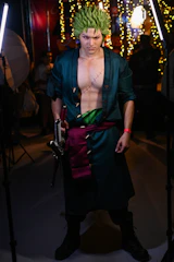 Close-up of a performer in cosplay with dramatic makeup.
