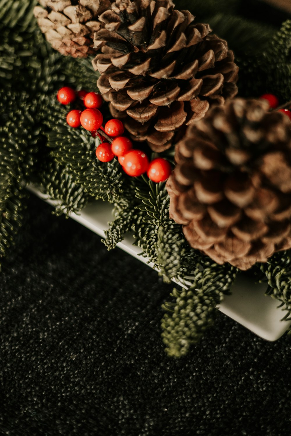 a close up of pine cones and berries