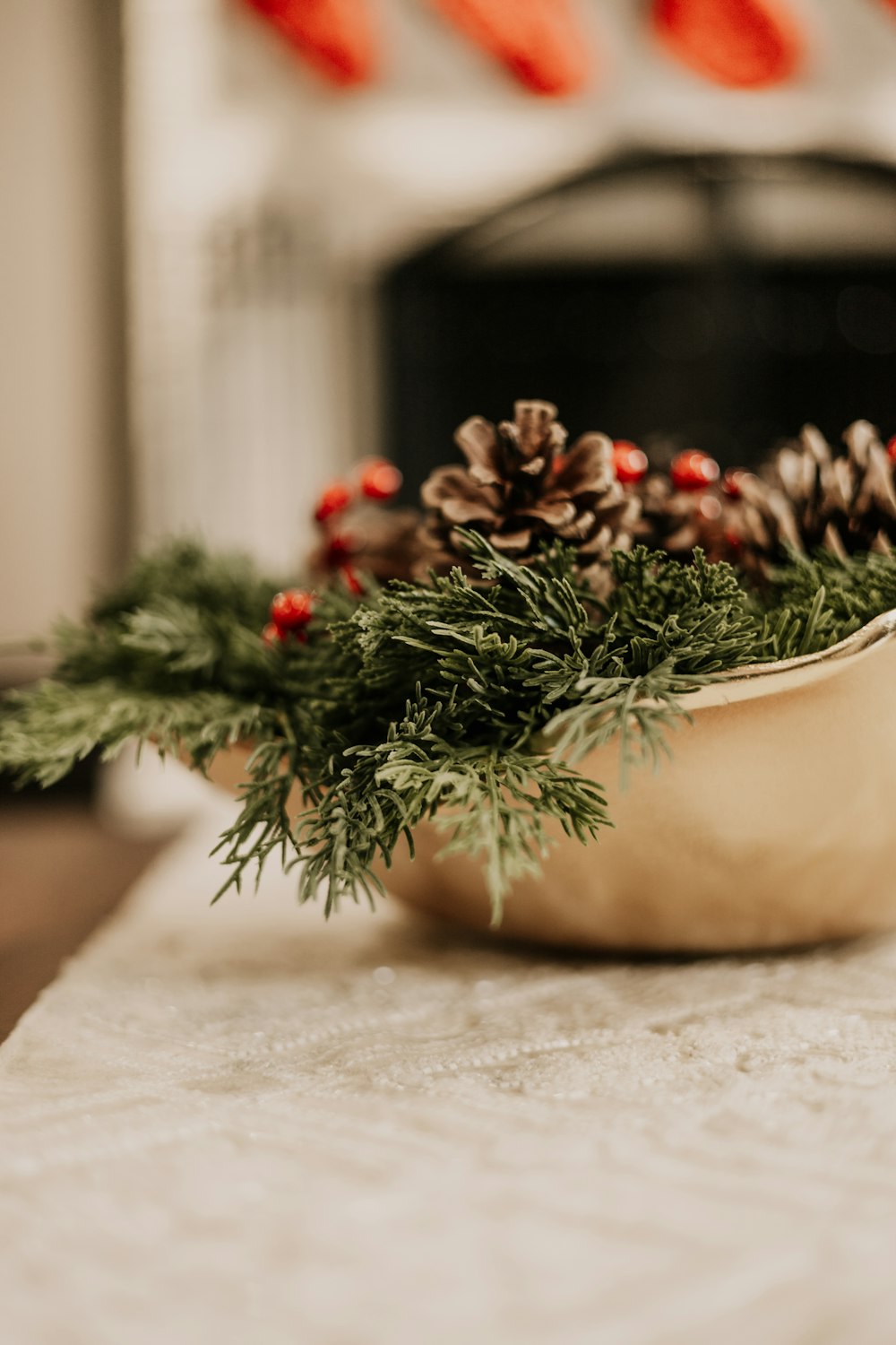 a bowl filled with pine cones and evergreen needles