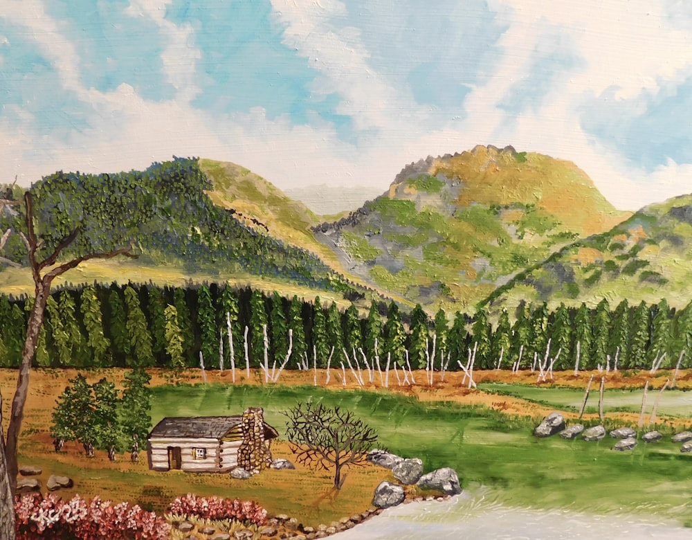 a painting of a cabin in the mountains