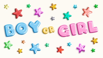 Colorful stars surround the words 'BOY or GIRL' in playful, inflated letters. The text 'BOY' appears in blue and 'GIRL' in pink, with the word 'or' in yellow. A variety of stars in different colors like red, green, and purple are scattered around.