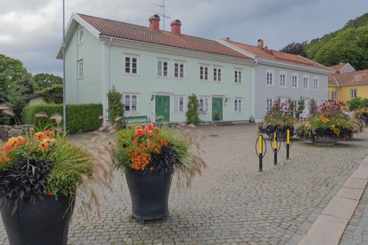 A charming, pastel-colored residential building with a cobblestone courtyard. Large, lush flower pots with vibrant orange and red flowers line the foreground. The building has multiple windows and a green door, surrounded by well-maintained greenery.