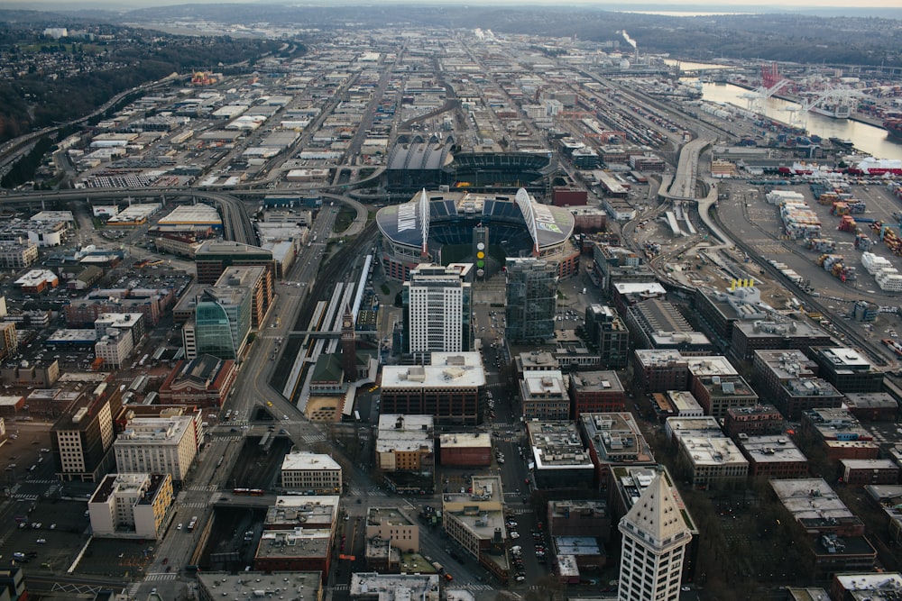 an aerial view of a city with lots of tall buildings