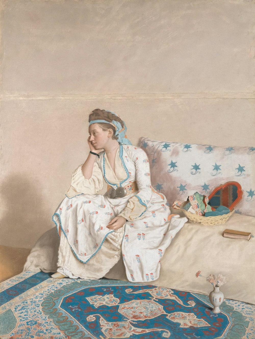 a painting of a woman sitting on a couch