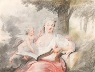 A woman in 18th-century attire is seated in a pastoral setting, holding an open music book. Beside her, a cherub-like figure with wings is depicted reaching towards her. The background features trees and a serene, natural environment.