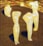 Abstract figures in soft pastel shades are positioned on a textured surface. The figures appear to be in various poses, some standing with arms raised, while others are seated. The background features swirling patterns in warm colors, adding depth and contrast.