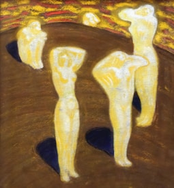 Abstract figures in soft pastel shades are positioned on a textured surface. The figures appear to be in various poses, some standing with arms raised, while others are seated. The background features swirling patterns in warm colors, adding depth and contrast.