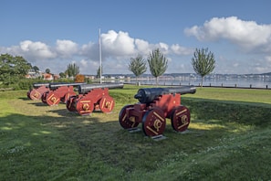 Several historic cannons are arranged on a grassy area in a row, with a backdrop of calm water and fluffy clouds in the sky. The cannons have red wooden carriages and are aimed outward towards the water. Trees and a few buildings can be seen in the background, contributing to a serene landscape.