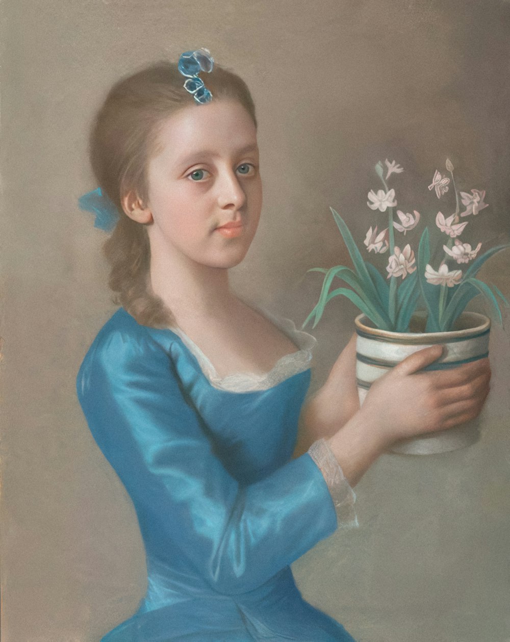 a painting of a young girl holding a potted plant