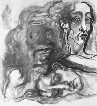 A monochrome abstract painting features distorted, surreal faces intertwined with one another. The faces display exaggerated expressions with elongated features, and the brush strokes give them a fluid, dream-like appearance.