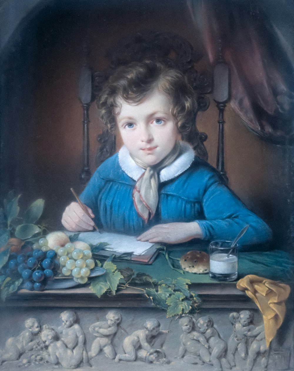 a painting of a young boy writing in a book