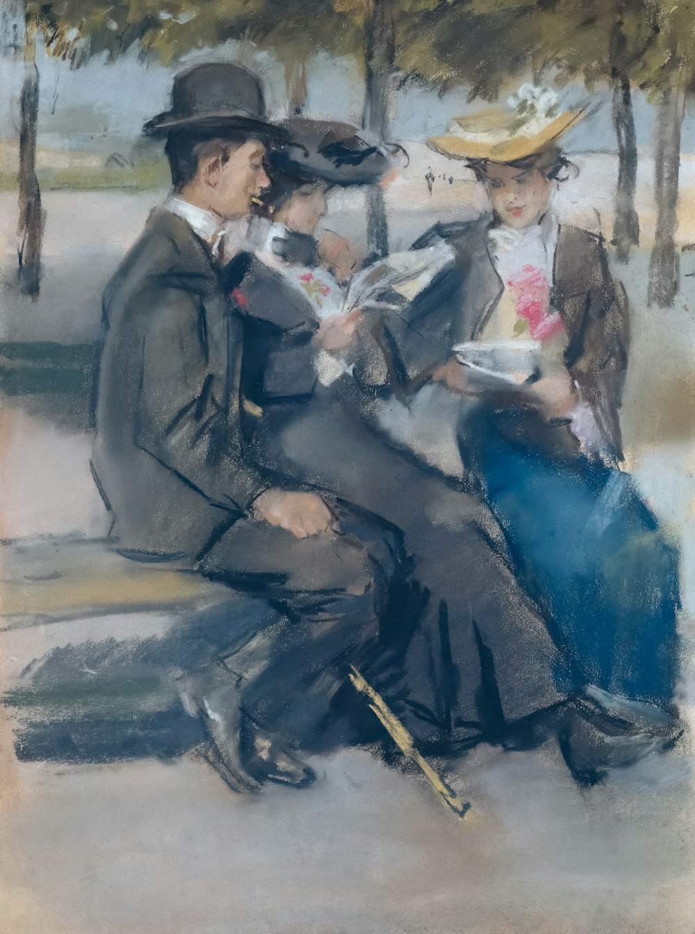 a painting of three people sitting on a bench