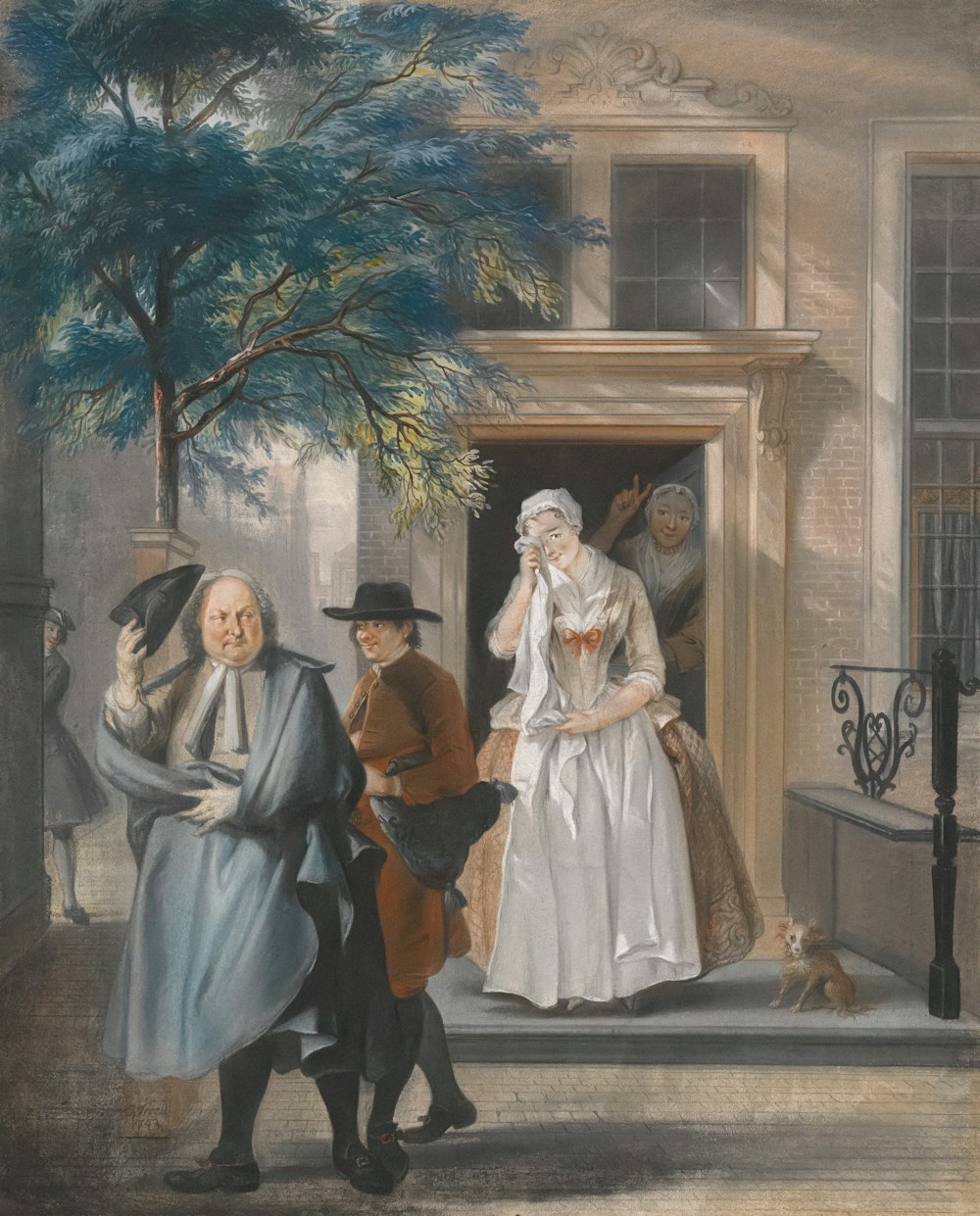 a painting of a man and a woman standing in front of a house