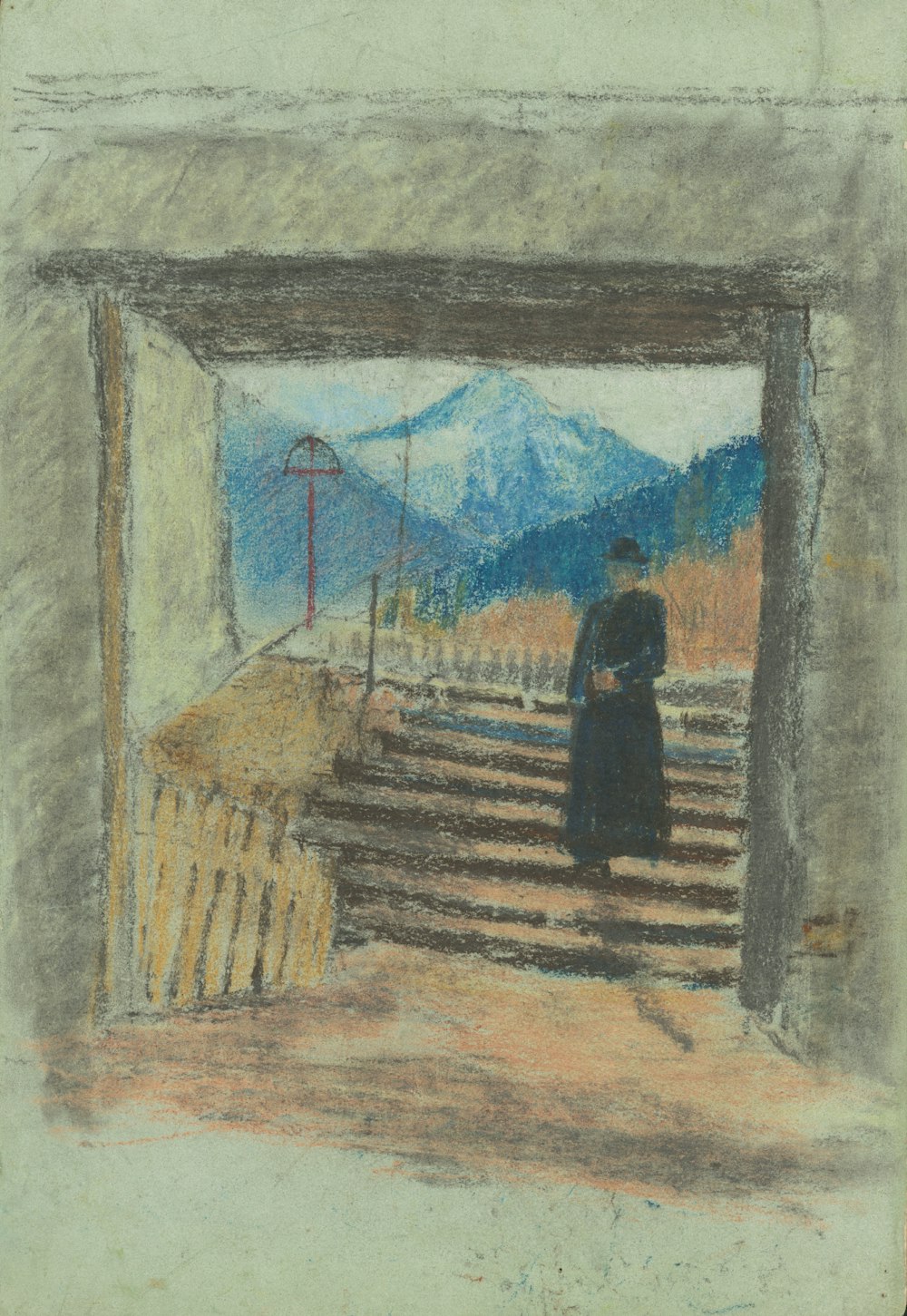 a drawing of a man standing in a doorway