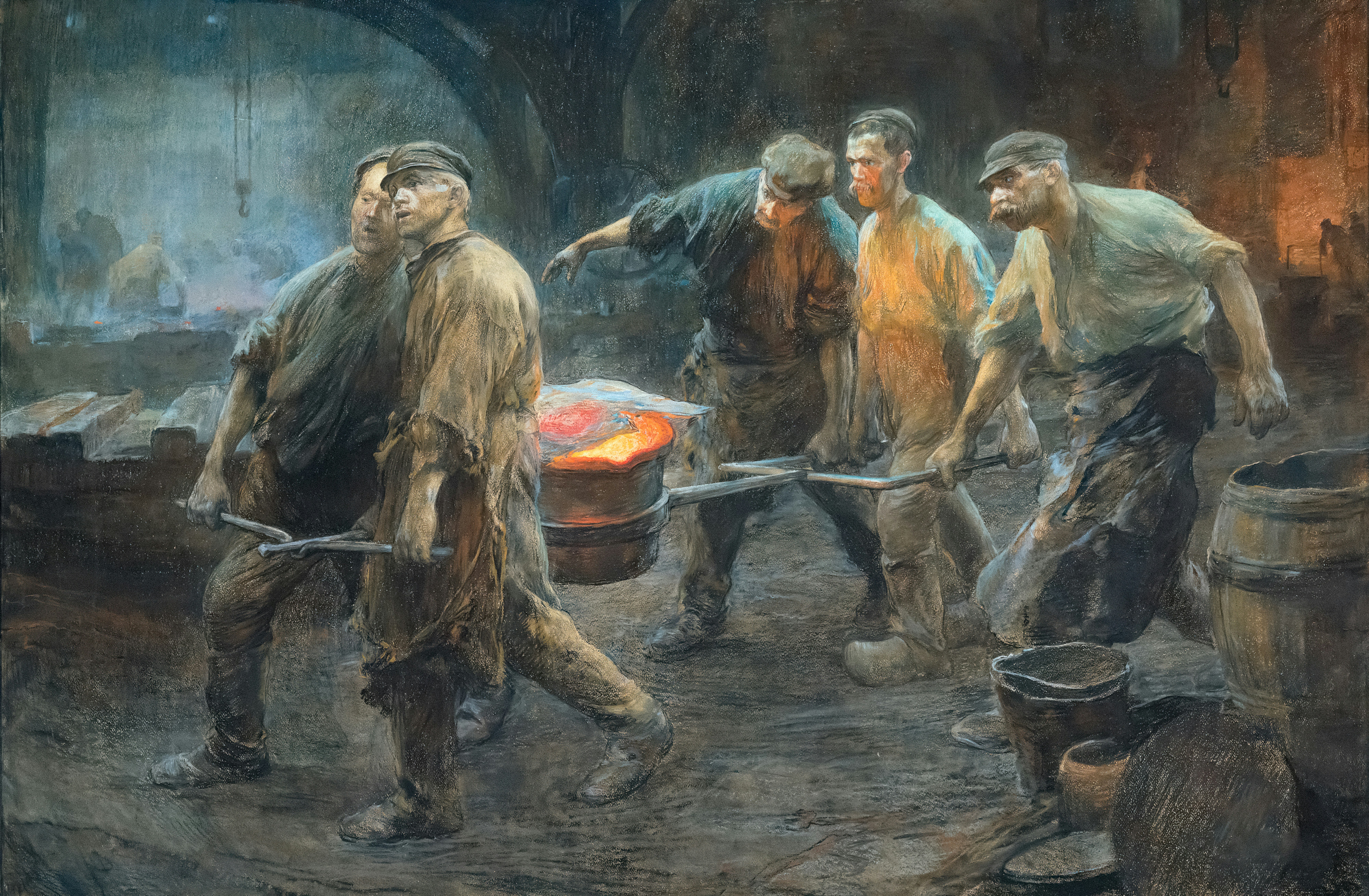 ein Gemälde einer Gruppe von Männern, die in einer Fabrik arbeiten