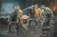 A group of workers in an industrial setting, wearing worn clothes and caps, are carrying a large piece of hot, glowing metal using long rods. The environment is dim and rugged, with a warm glow illuminating them and a shadowy background.