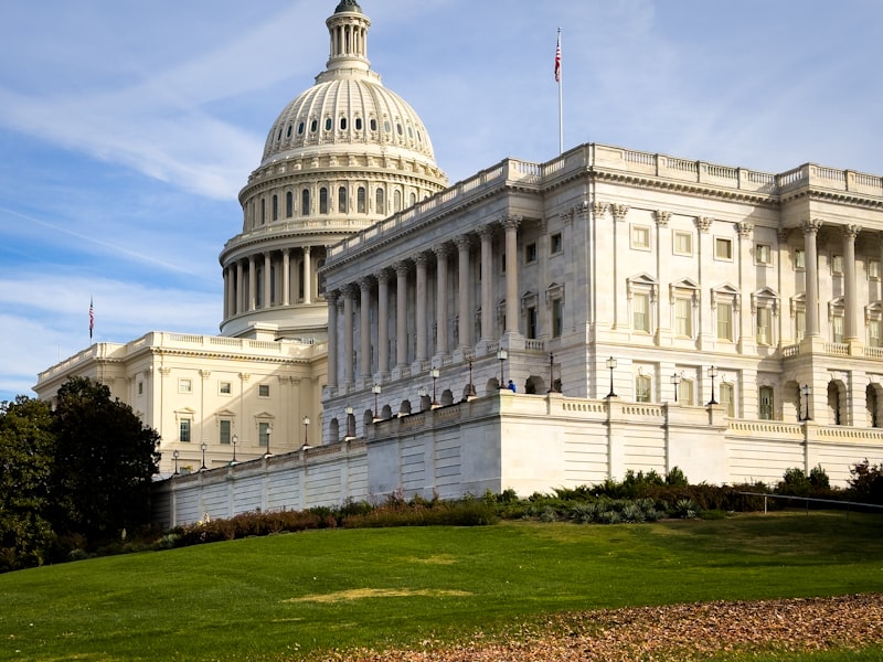 The United States Capitol building with flag on top