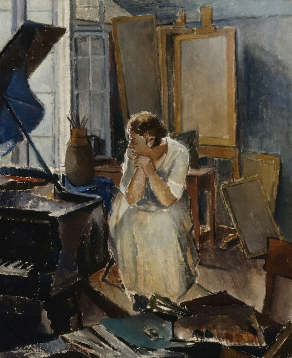 a painting of a woman sitting in front of a piano