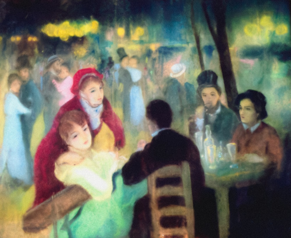 a painting of a group of people sitting around a table