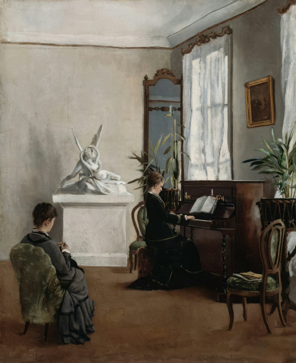 a painting of a woman sitting at a piano