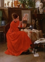 A woman in a red dress is seated and painting an ancient-style vase in a cluttered studio filled with art supplies, sculptures, and plants. Light streams in from a window, casting a warm glow on the scene.