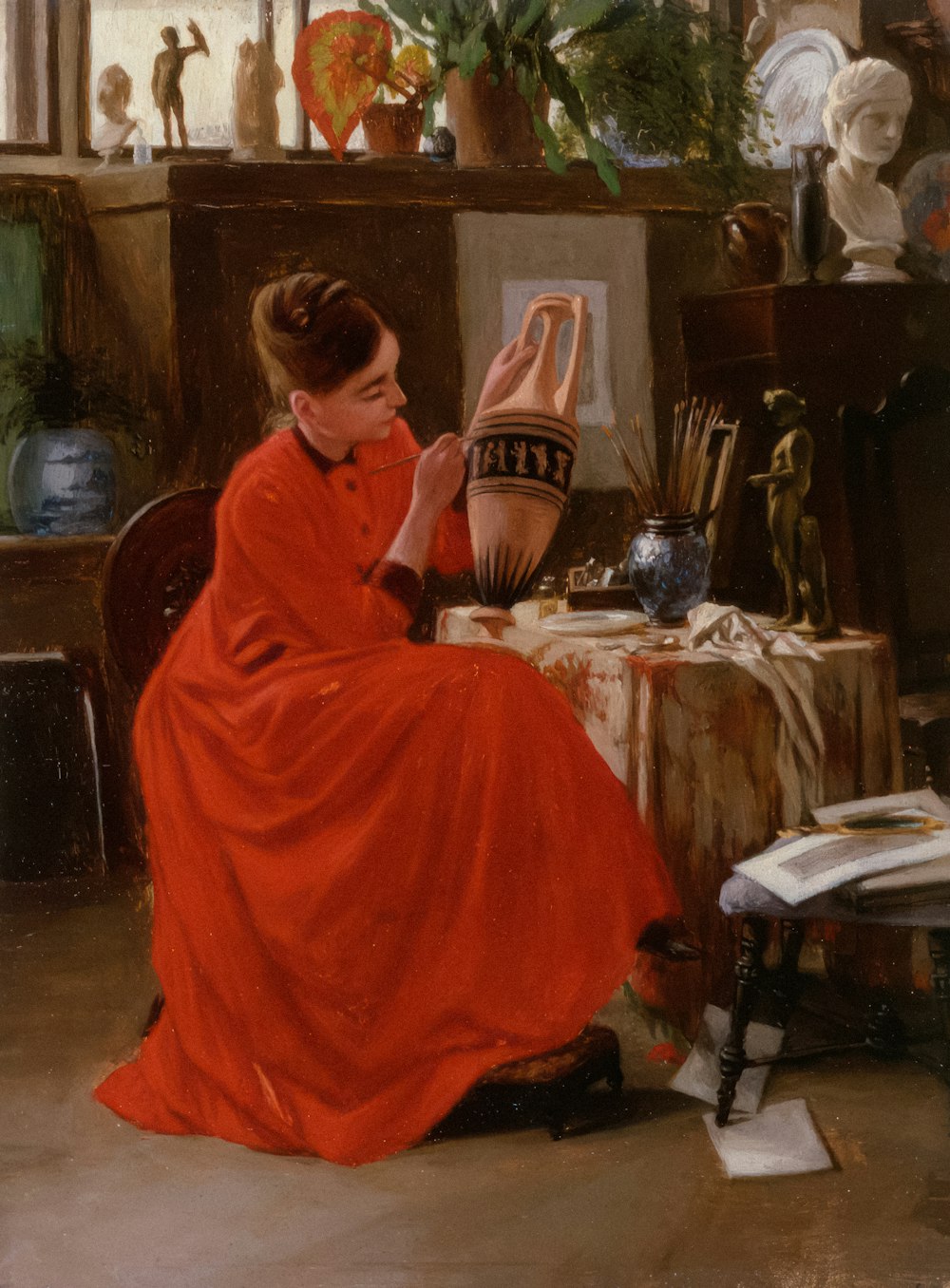 a painting of a woman in a red dress