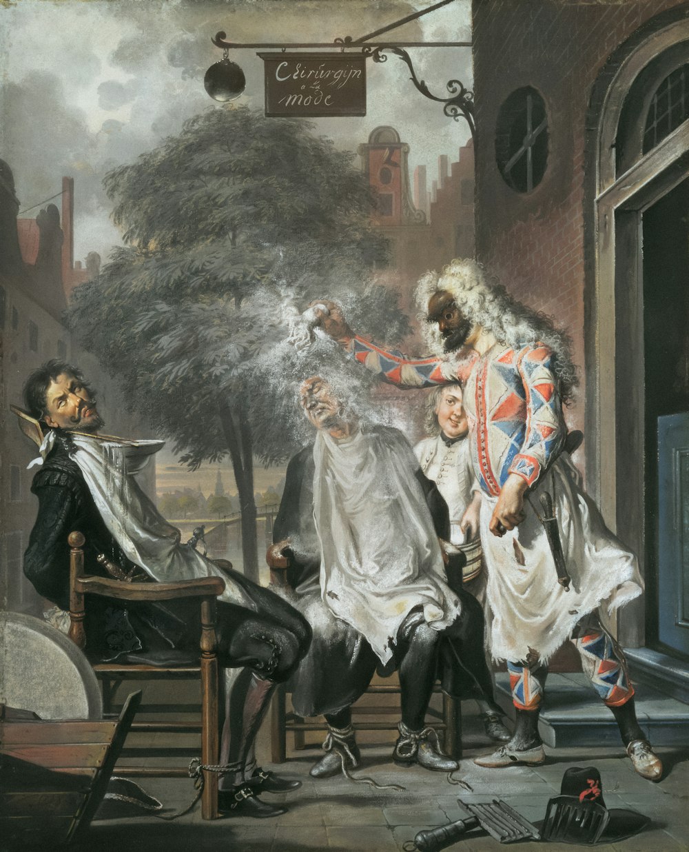 a painting of a barber cutting a man's hair