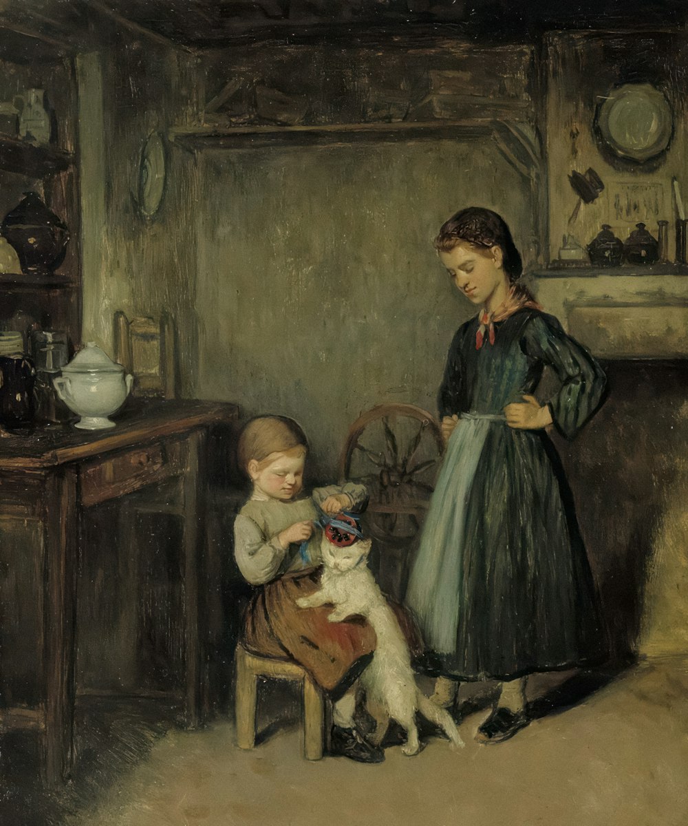 a painting of a woman and a child playing with a cat